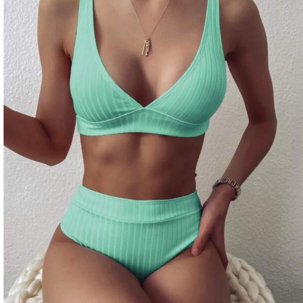 SHEIN ~  Ribbed Bikini Set Tank Top & High Waisted Bottom 2 Piece Bathing Suit
